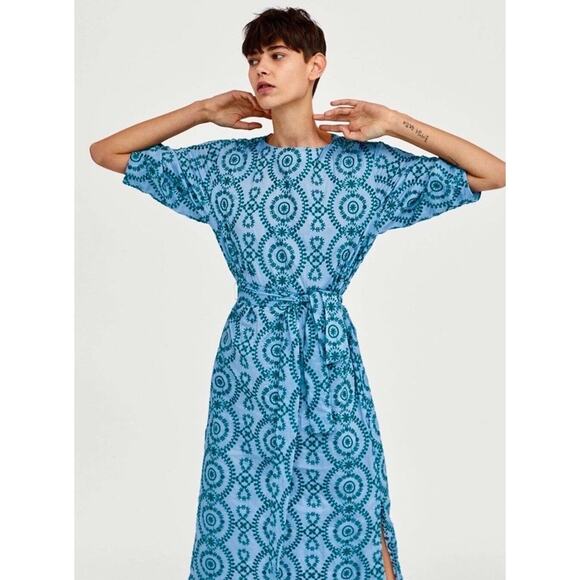 ZARA Embroidered Tunic Kaftan Dress Blue & Green Cotton Belted Midi Slits L Boho - Picture 1 of 10